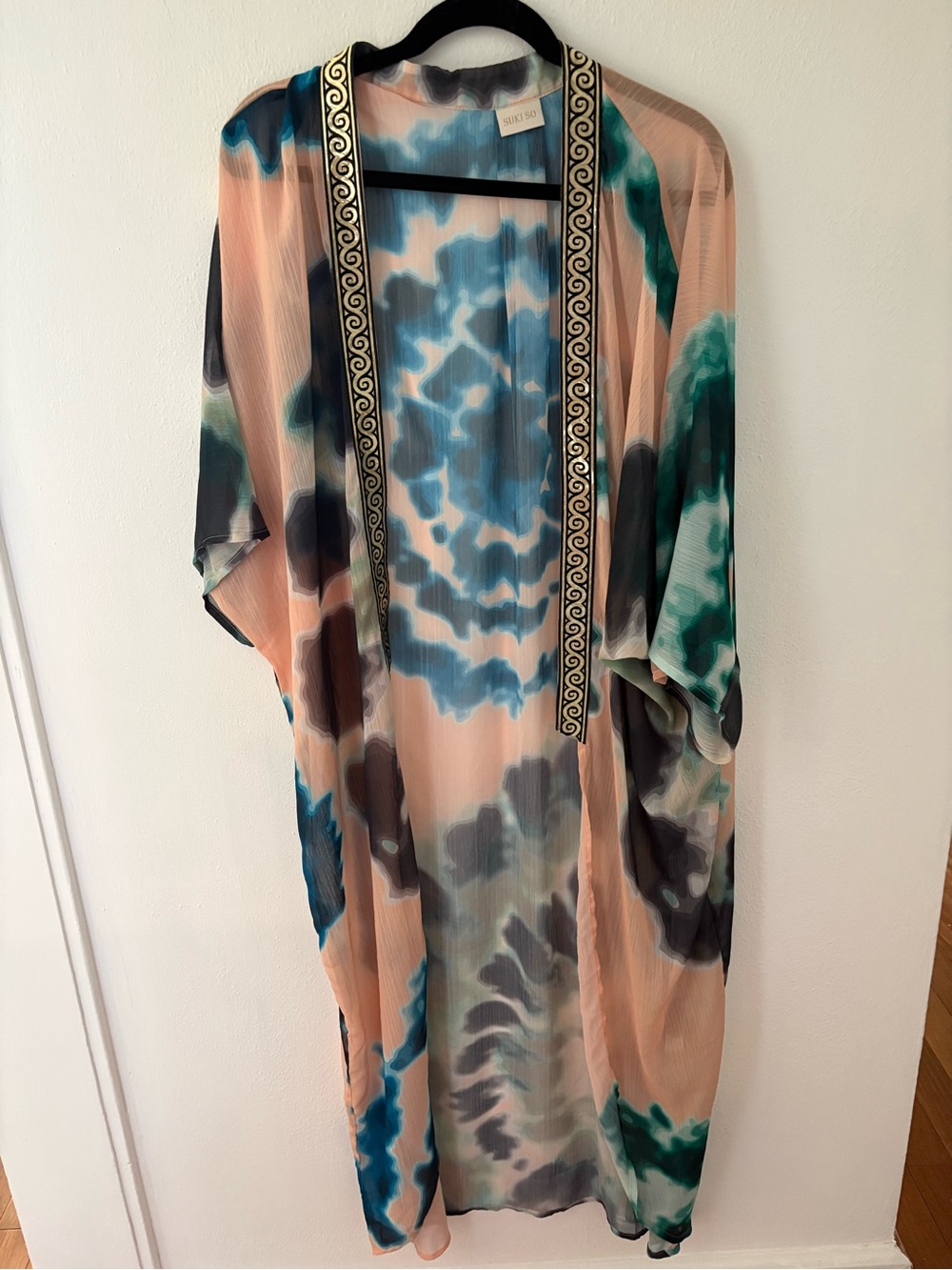 Tie-Dye Pattern Kimono Cape in Peach and Blue